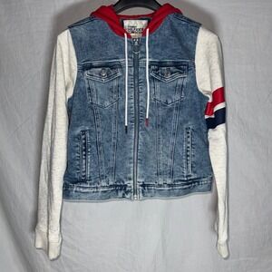 Tommy Hilfiger Cropped Denim Womens Hybrid Hoodie Denim Jacket Blue Red Small